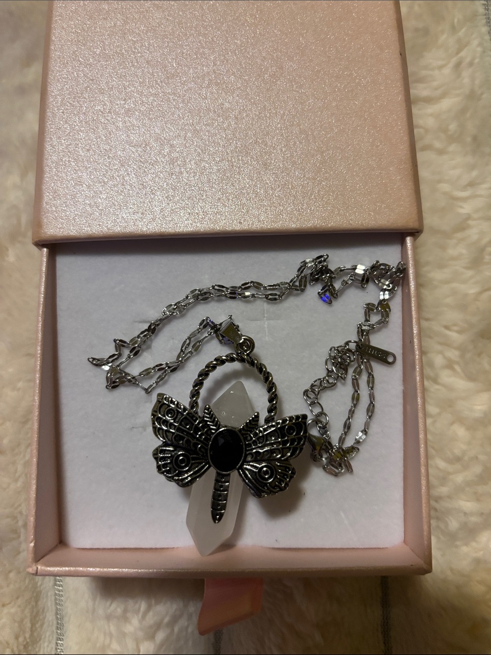 Silver Butterfly Pendant Necklace with White Crystal Accent